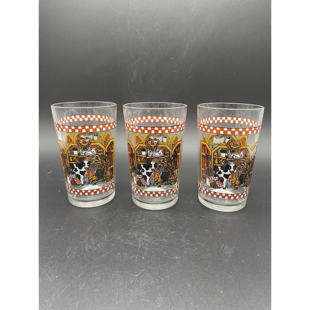 Set of 3 Morning Star Country Farm Barn Animals Glass Drinking Tumblers‎ -12 Oz